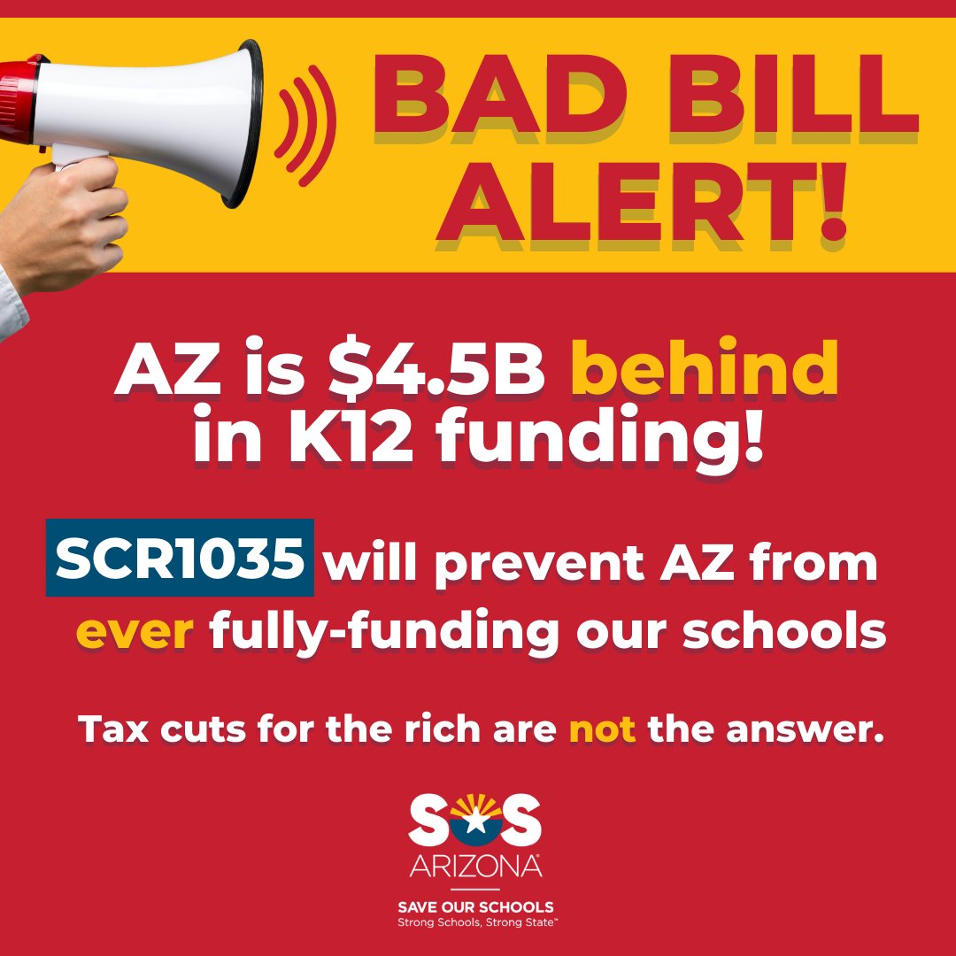 arizona_sos's tweet photo. #SCR1035 is a massive tax cut for the rich that will prevent AZ from ever fully-funding our local schools, which are $4.5B behind the national average!
#S1035 is a ballot referral, so Gov. Hobbs can't veto it – RTS “NO” on #SCR1035 ➡️ https://t.co/GvGfjZHGb7 https://t.co/ZQJXjxM8sw
