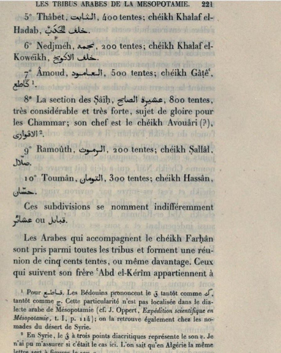وثيقه فرنسية تبين عدد بيوت قبيلة #شمر 
واسم الشيخ 
الثابت خلف الحدب ٤٠٠ بيت 
النجم خلف الكويخ ٢٠٠ بيت
العامود ابن كاطع ٥٠٠ بيت 
عشيرة الصايح الفواري ٨٠٠ بيت 
الرموث الصلال ٢٠٠ بيت 
التومان حسان ٣٠٠ بيت