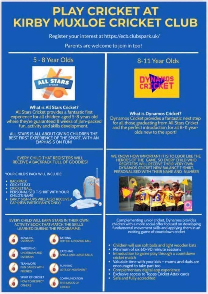 KirbyMCricket's tweet photo. It’s that time of year again! 🏏 🧺 ☀️ 🏰 

We welcome back our young cricketers very soon and it’s not too late to join!

Find out more here⬇️  

Dynamos: https://t.co/dRaZJRROOb

Allstars: https://t.co/rmNMJ96pKo https://t.co/4xt8by4j6F
