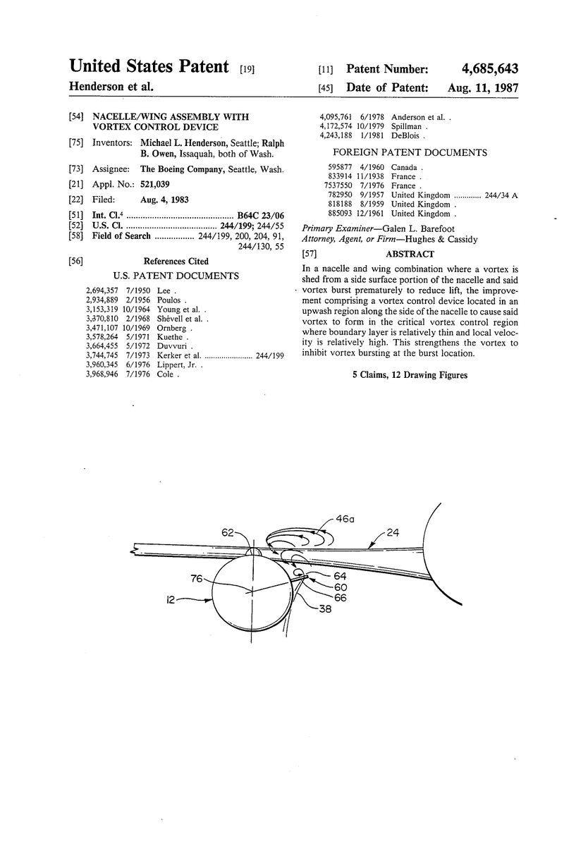 Dueling patents. McDonnell Douglas' patent for dual nacelle strakes (as on the DC-10) and Boeing's reply of "we only need them on the inside side"
