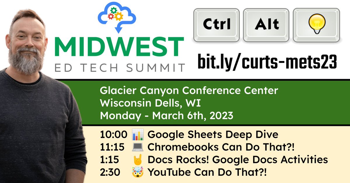 ✈ On my way to the Midwest EdTech Summit in Wisconsin Dells!

📊 Sheets Deep Dive
💻 Chromebook Tips
🤘 Docs Rocks!
🤯 YouTube Tips

✅ Details, resources &amp; registration at:
controlaltachieve.com/2023/01/my-spr…

#ControlAltAchieve #edtech #GoogleEDU #edutwitter #midwestedtechsummit