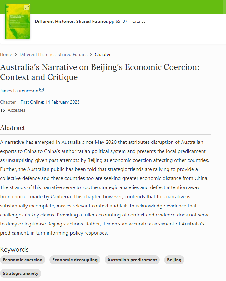 j_laurenceson's tweet photo. NEW. “Australia’s Narrative on Beijing’s Economic Coercion: Context and Critique”. Pleased to contribute a chapter to a just-published book, Different Histories, Shared Futures: Dialogues on Australia-China, edited by colleagues at @UniofAdelaide. Abstract 👇 /1 @UTSEngage https://t.co/pHTj2FjGnQ
