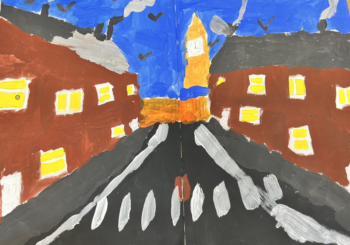 strichardsrc's tweet photo. Paintings inspired by L.S Lowry and Reg Gardiner. We love perspective but getting it  right gave us a headache! https://t.co/jdR58boYoF