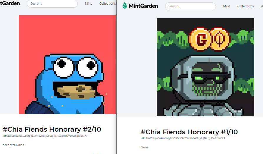 Chia Fiends Honorary #2/10 Minted, now <a href="/hoffmang/">Gene Hoffman hoffmang.xch 🌱</a> Honorary has a friend 💚🌱

AKA acceptc00kies <a href="/acceptc00kies/">🍪</a> 
AKA Leader of the Monster Marmots Chia Fiends Character. (to be minted soon)

mintgarden.io/nfts/nft1des88…