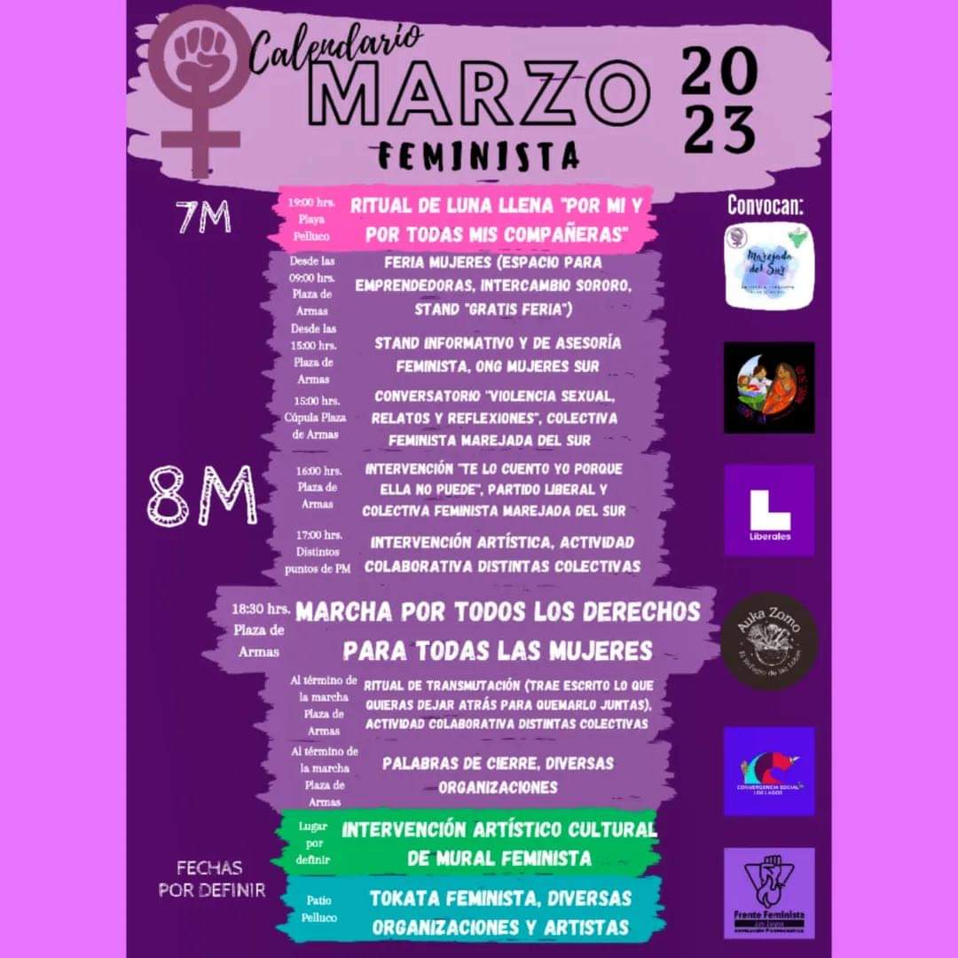 #8M #8M2023
En #PuertoMontt #RegiónDeLosLagos
Les dejo el
Calendario actividades.
#MujeresAgricultoras 
#CultivandoFeminismo 
#MujeresFrevs 
#MujerHuertera 
#MásRegionalistasVerdes
