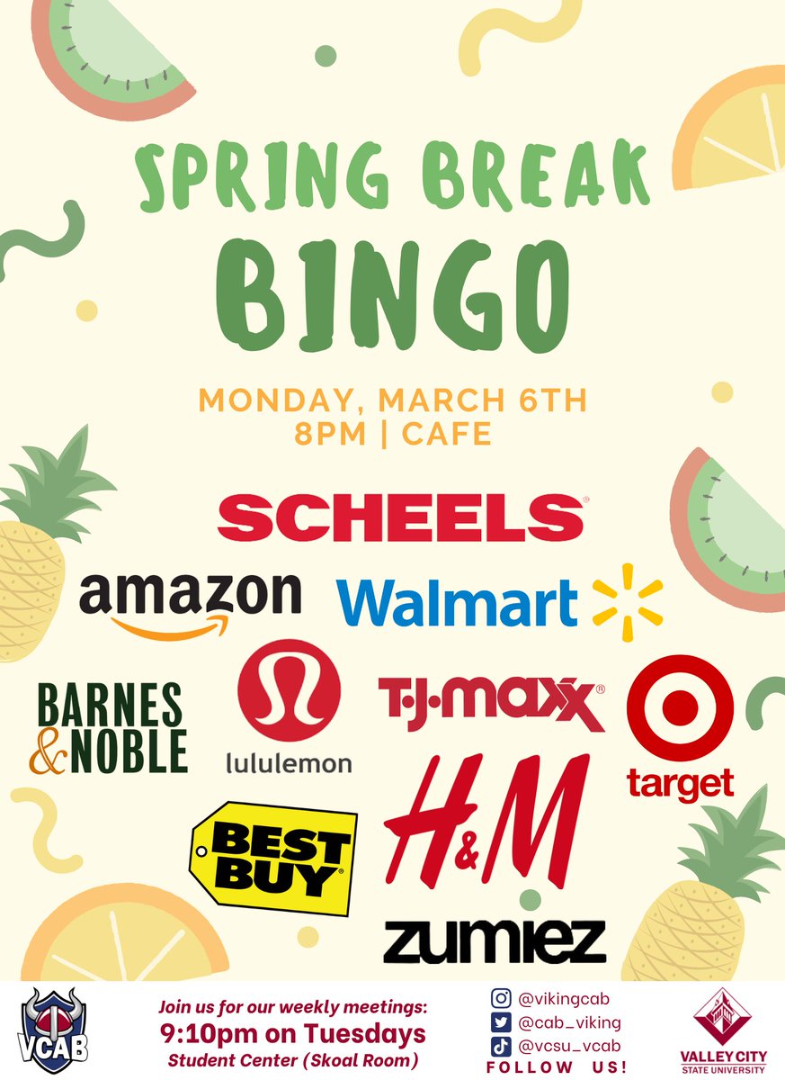 cab_viking's tweet photo. Join us for SPRING BREAK BINGO! 🍃
•
⏰ 8:00PM || Monday, March 6th
📍 Student Center (Café)
•
#SpringBreak #Bingo #VCAB #CampusActivities https://t.co/zqf0Eb4ktN