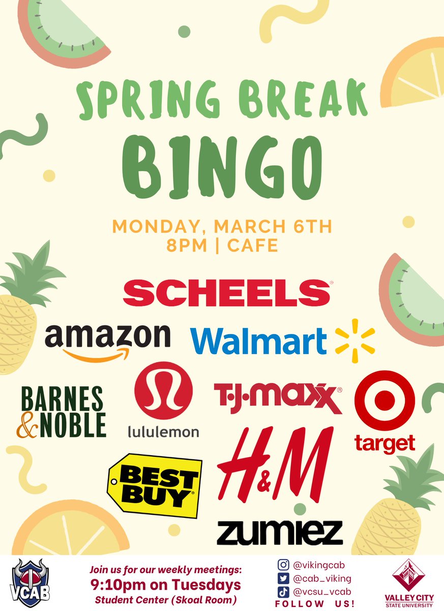 Join us for SPRING BREAK BINGO! 🍃
•
⏰ 8:00PM || Monday, March 6th
📍 Student Center (Café)
•
#SpringBreak #Bingo #VCAB #CampusActivities