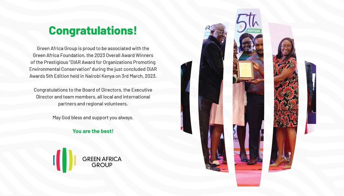 IsaacKalua's tweet image. The Green Africa Group congratulates Green Africa Foundation for winning an award as Kenya’s top environmental organization at the 2023 Fifth @DIAR_Awards  @greenafricaorg #FromPlanToAction @RtnsForPeace @HonWetangula @MusaliaMudavadi @UNEP #LiverpoolFC #Giveaway