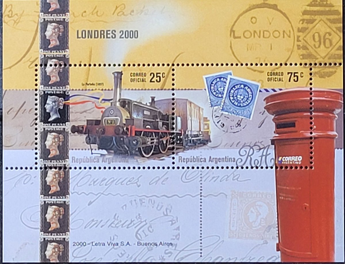 Mint20194's tweet photo. Argentina, mayo 2000, "Londres 2000", Exposición mundial de Filatelia. Block, con dos sellos. https://t.co/fumrx6PQoz