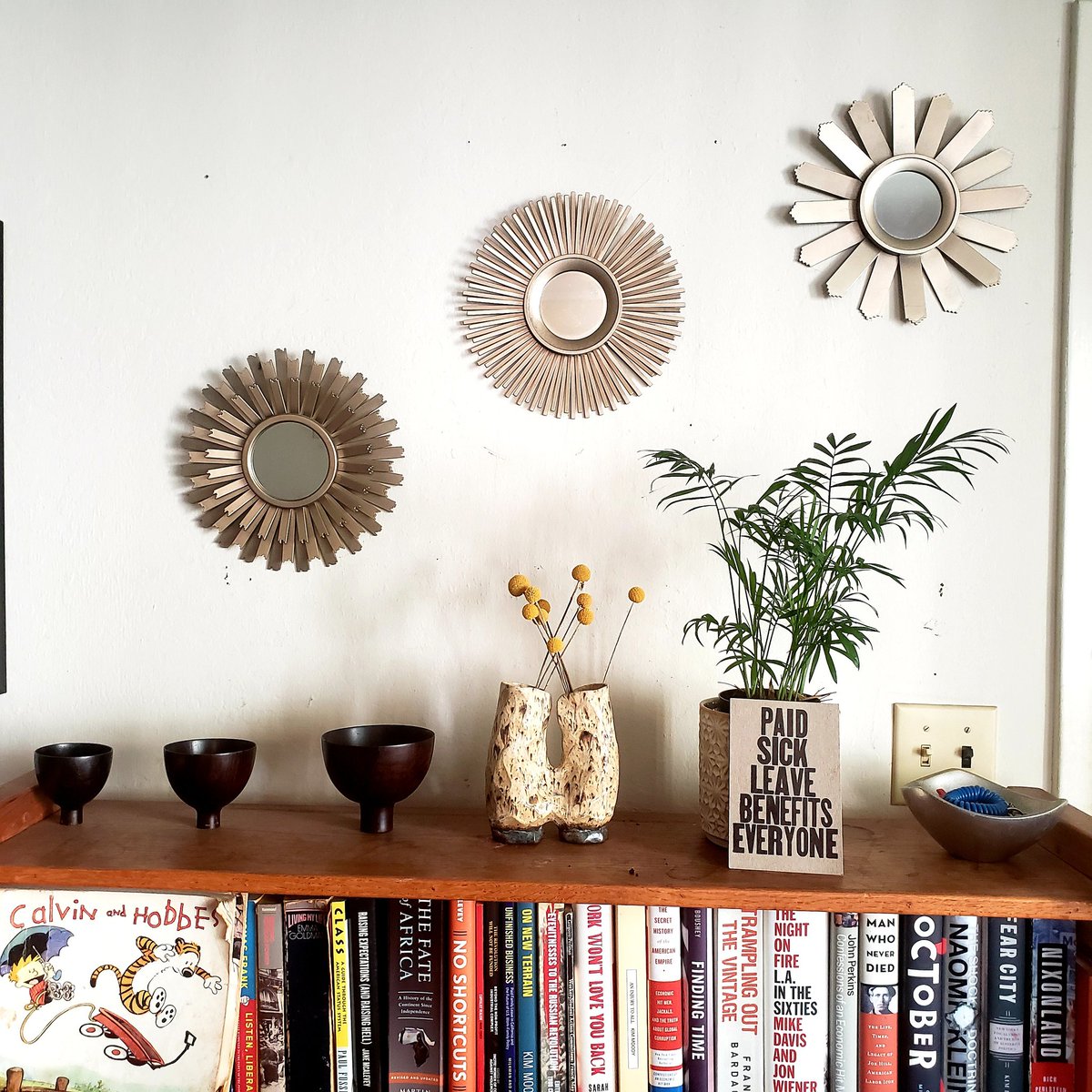 My entryway bookshelf complete with pro-#paidsickleave propaganda: