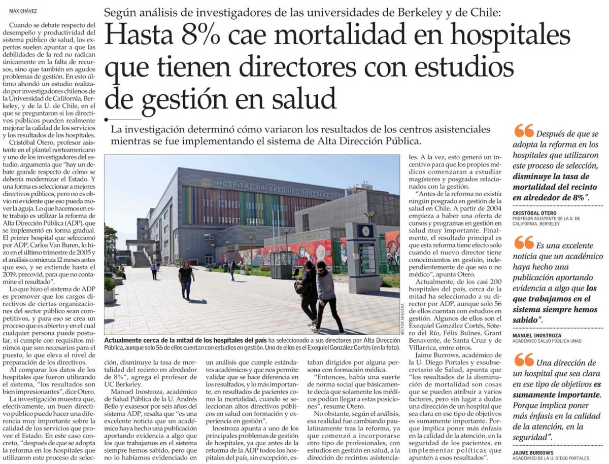 Hoy @ElMercurio_cl destaca estudio c/ <a href="/Blopa1988/">Pablo Muñoz Henríquez</a> sobre impacto de directores de hospitales públicos en desempeño del hospital.

Usando la introducción de Alta Dirección Pública (<a href="/ServicioCivilCL/">Servicio Civil</a>), encontramos que selección competitiva del director reduce mortalidad hosp. en 8%.