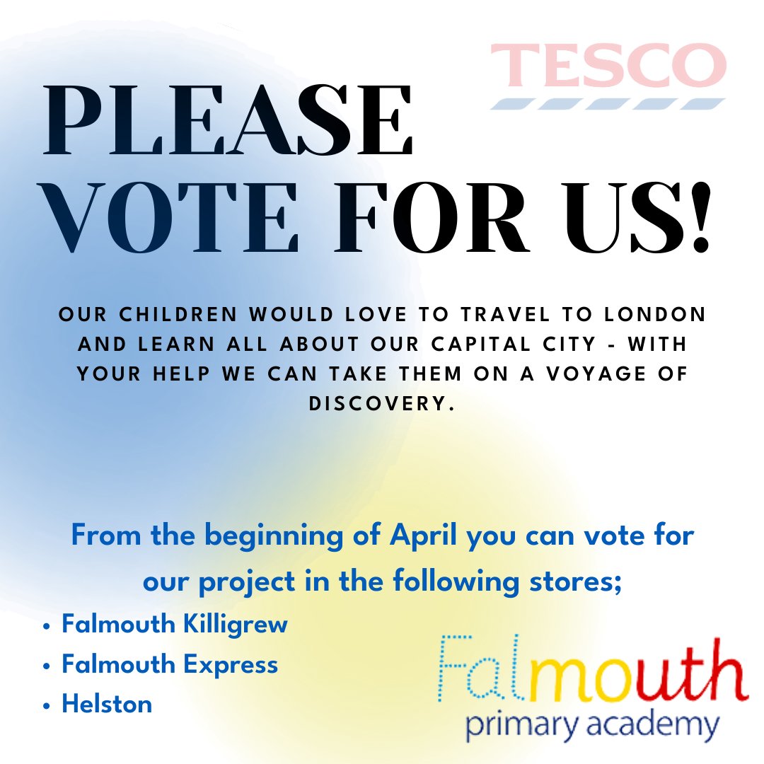 FalmouthPrimary's tweet photo. PLEASE share this post far and wide, with friends and all the local #Falmouth and #Helston sites. From April you can #VoteForUs to receive a community grant in Falmouth and Helston @Tesco stores. You can help make #childrens wishes come true! #GiveBack #Community #HelpOurChildren https://t.co/itJqFCJCxN