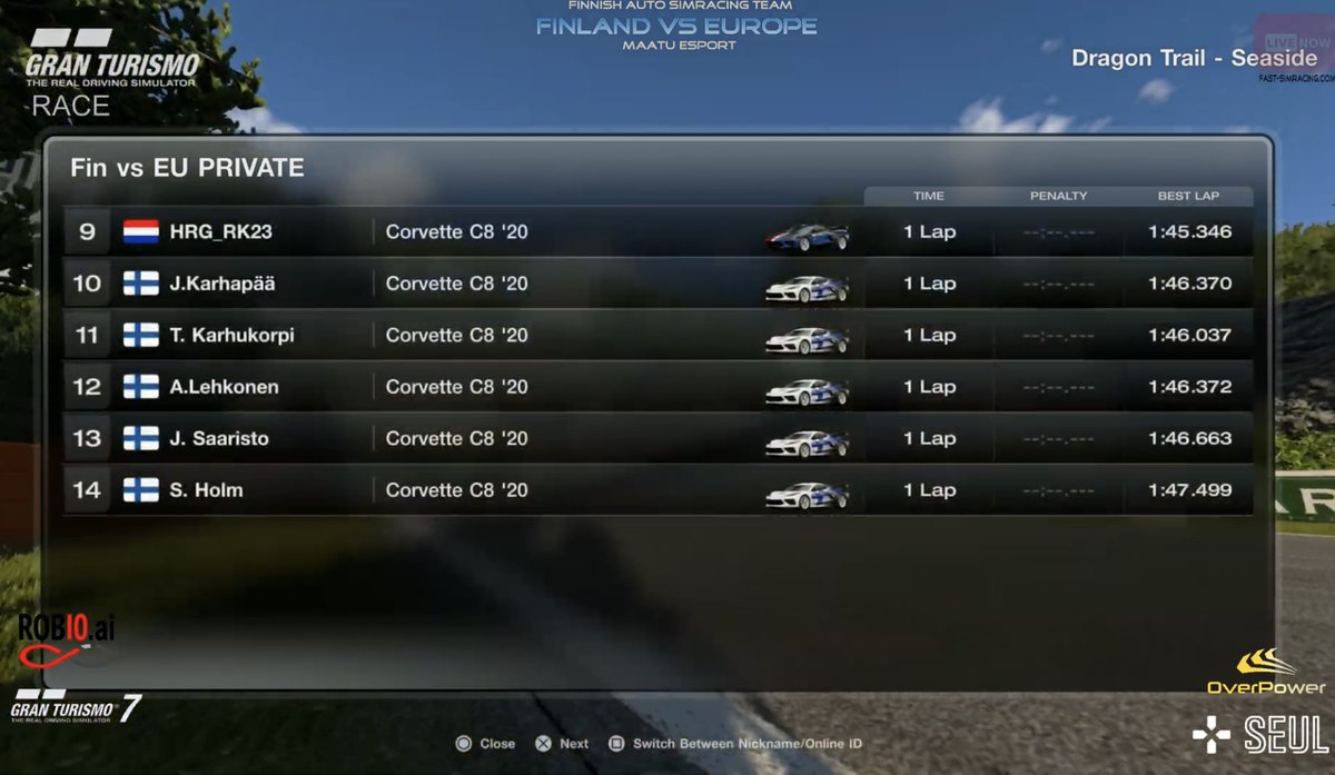 Results of the epic FINLAND vs EUROPE #GT7 event Thanks for all drivers! 👏

🥇 <a href="/valeriogallo26/">Valerio Gallo</a> 🇮🇹
🥈 <a href="/HizalMikail/">Mikail Hızal</a>  🇹🇷
🥉 <a href="/BlazsanP/">Blazsán Patrik</a> 🇭🇺

4⃣ M. Könönen 🇫🇮 <a href="/MaatueSports/">Maatu eSports</a>
5⃣ <a href="/Giorgio_57/">Giorgio Mangano</a> 🇮🇹
6⃣ <a href="/Anartam1/">Anartami</a> 🇫🇮 <a href="/MaatueSports/">Maatu eSports</a>
7⃣ B. Bader 🇭🇺 <a href="/MaatueSports/">Maatu eSports</a>
8⃣ J. Luukkanen 🇫🇮 <a href="/Fast_Simracing/">Finnish Auto Simracing Team Ry</a>