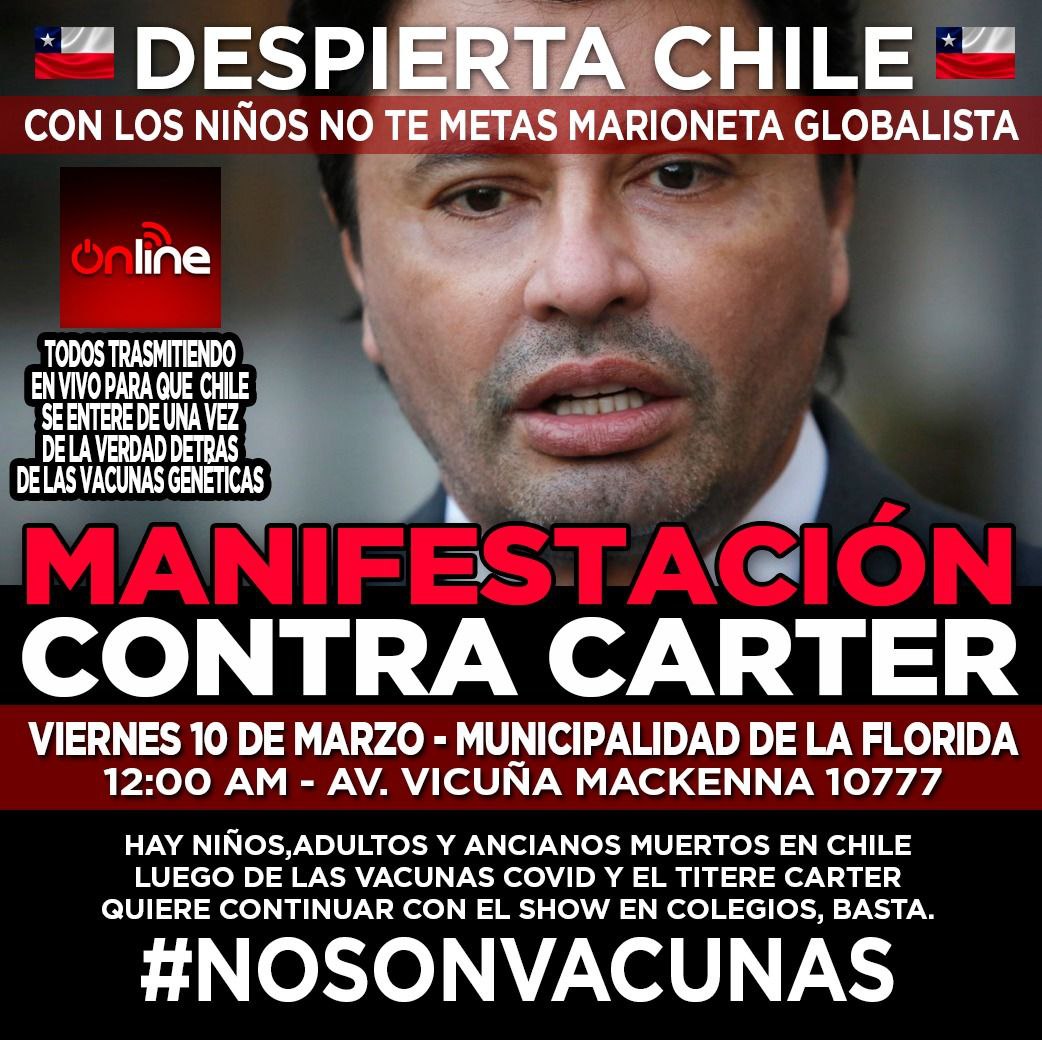 🟥📢 MANIFESTACIÓN ! contra Carter Muni la florida : Quién llamo a perseguir a NIÑOS no 💉

▶️ Viernes 10 marzo/12PM/Vicuña Mackenna 10777

#AEAChile #LosNiñosNoSeTocan #DefiendeATusHijos #NOsonVacunas @tvc_chile