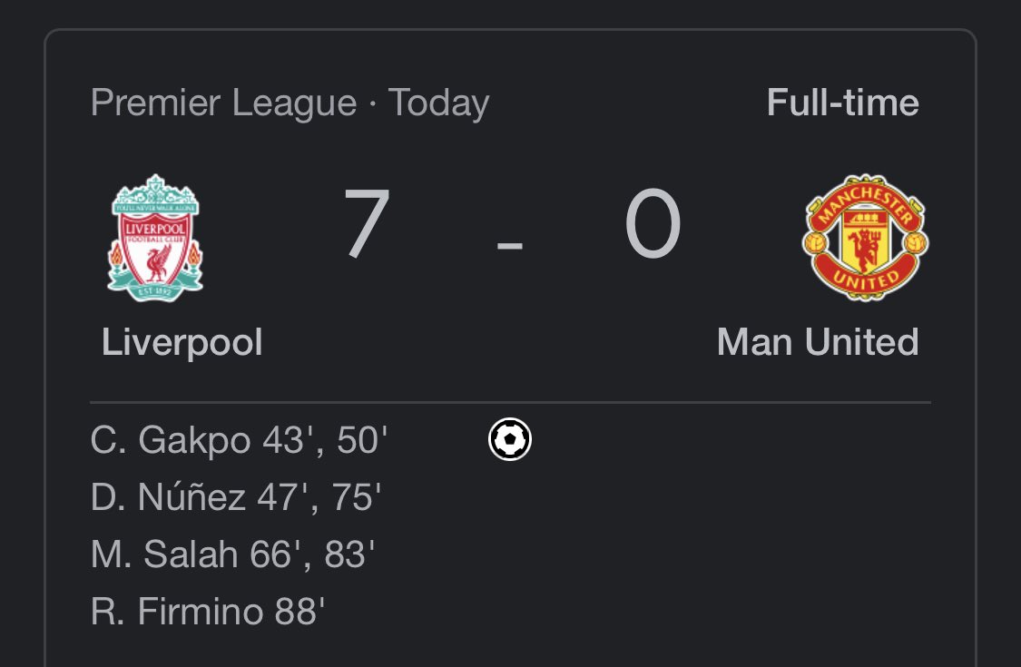 I’m only seeing the 7-0 now 🤯😱😵‍💫
Are Man United fans ok? 
<a href="/GNev2/">Gary Neville</a> <a href="/MarieMonet7/">Marie✞ 🇫🇷</a>  
I’ve been waiting for a day like this since United crushed us  8-2. I chose the wrong day to watch Ligue un matches instead of premier league.  🫣😅