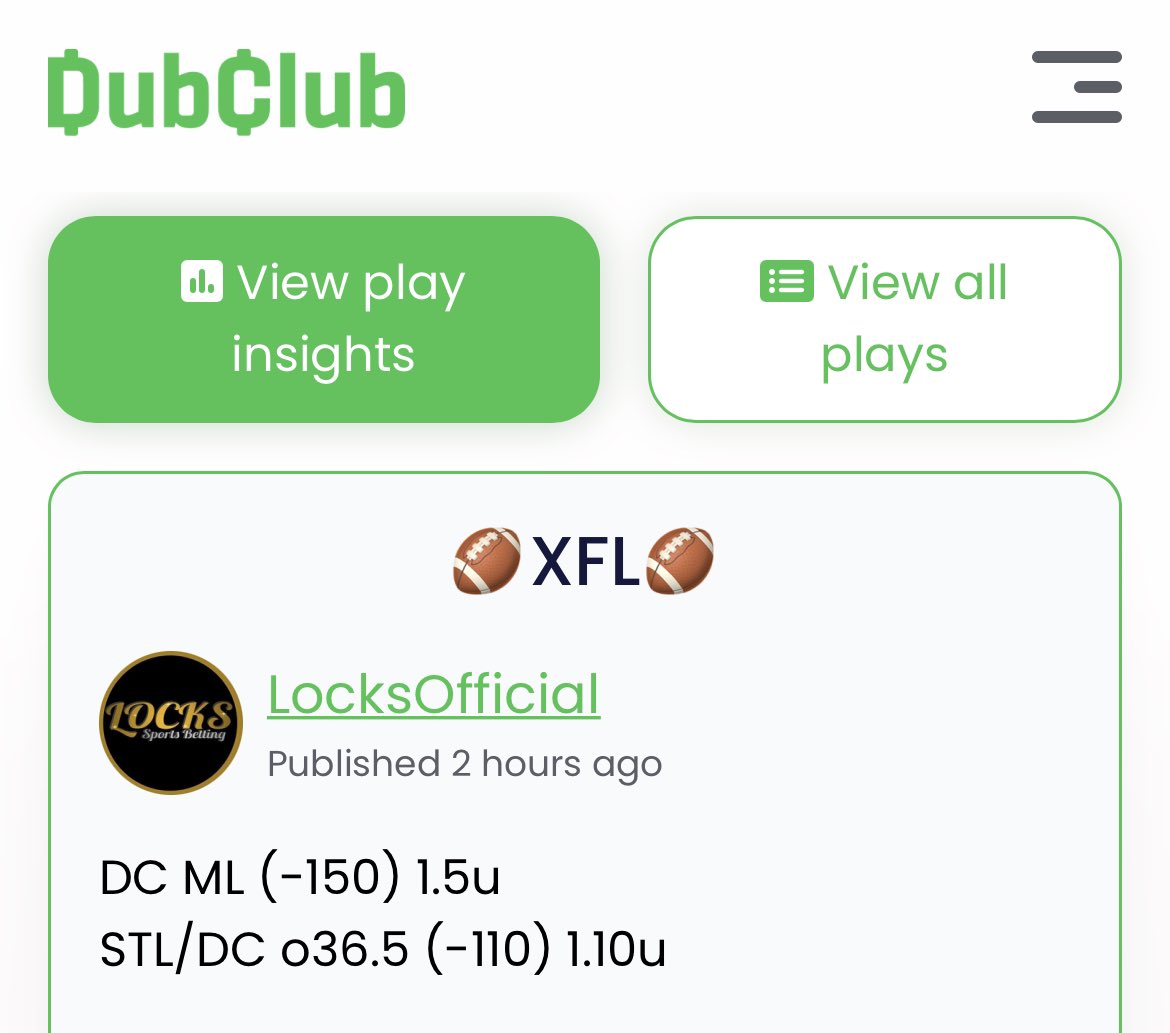 VIP starts the day with two more easy  XFL dubbs!! 💰🏈

DC ML (-150) 1.5u✅✅
STL/DC o36.5 (-110) 1.10u✅✅