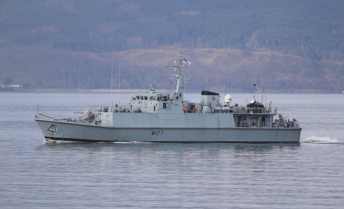 HMS Pembroke M-107 passing Gourock today outbound from Faslane #RoyalNavy #Navy #shipping