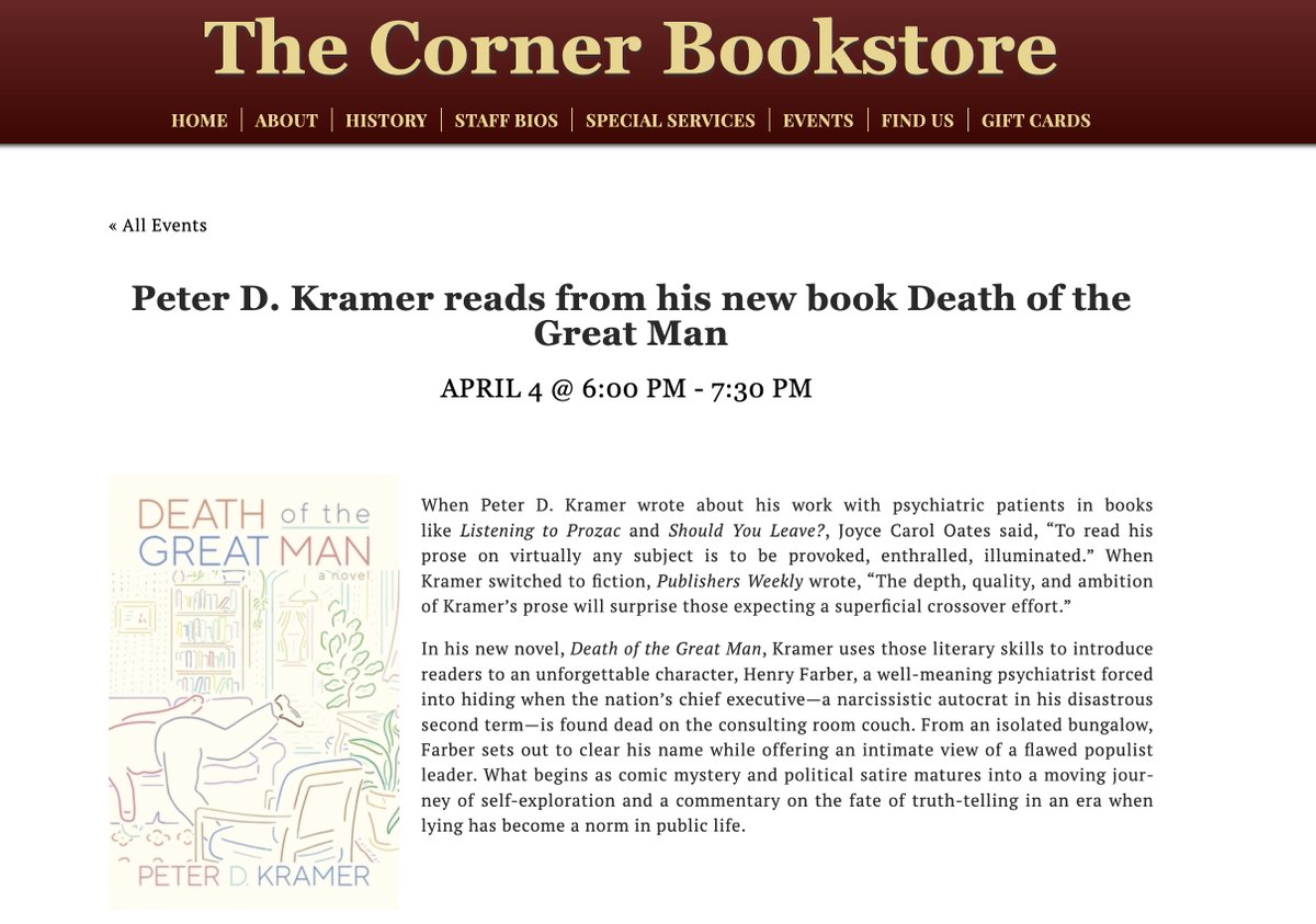 @peterdkramer (@peterdkramer) on Twitter photo For friends in & near NYC: excited to announce that I will be at a the Corner Bookstore, in Carnegie Hill, reading from my new novel, Death of the Great Man, on its publication date, April 4, at 6 PM. Save the date, and please come!
<a href="/CornerBooksNYC/">The Corner Bookstore</a> For friends in & near NYC: excited to announce that I will be at a the Corner Bookstore, in Carnegie Hill, reading from my new novel, Death of the Great Man, on its publication date, April 4, at 6 PM. Save the date, and please come!
<a href="/CornerBooksNYC/">The Corner Bookstore</a>