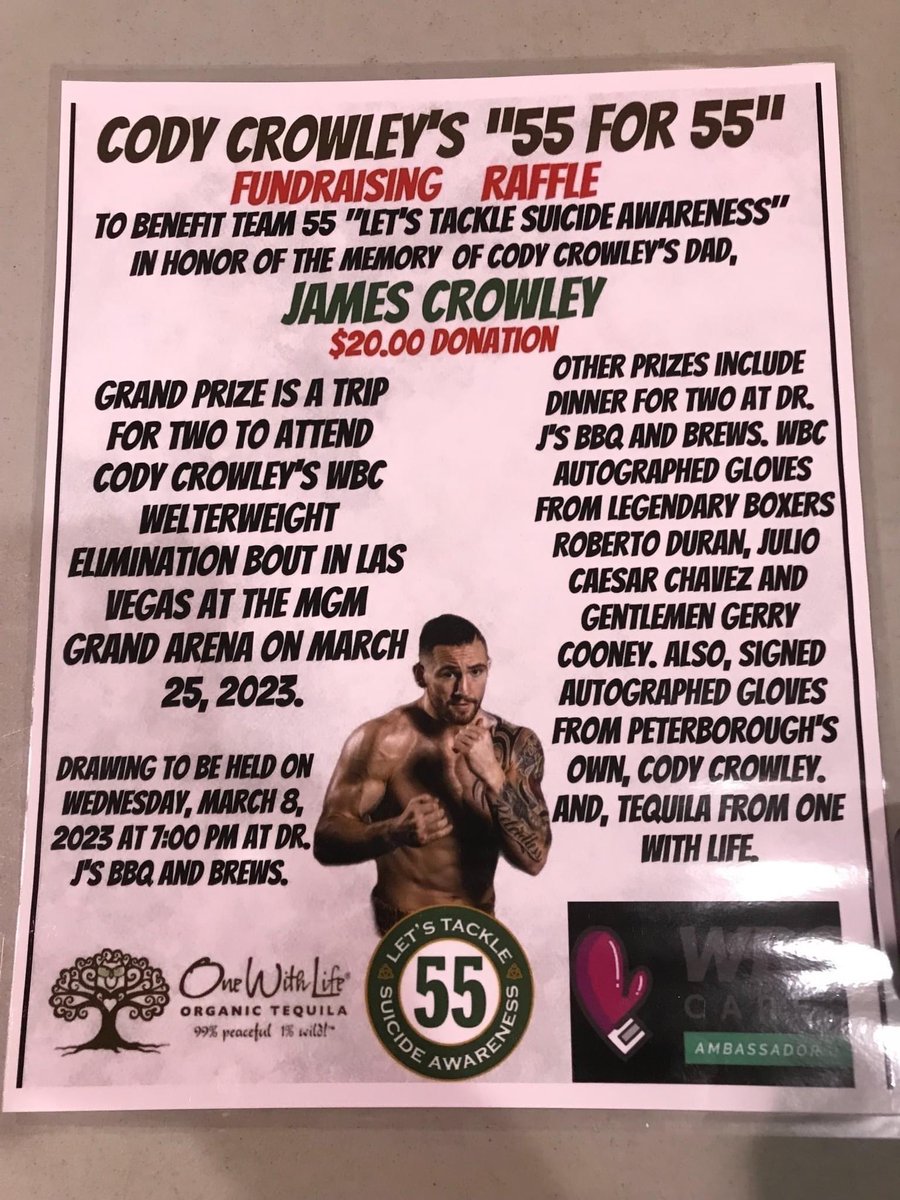 TraceyMJohnston's tweet photo. LAST CHANCE!!
Anyone interested in winning a trip for two to Vegas to see my cousin @Crowley16LV box??

Tickets are $20 each. All money goes to  @Team55Tackle Cody’s Dad, Jim Crowley, died by suicide in June of 2022. 

I have tickets! Thank you for your support. ❤️ https://t.co/liAWxod4Nd
