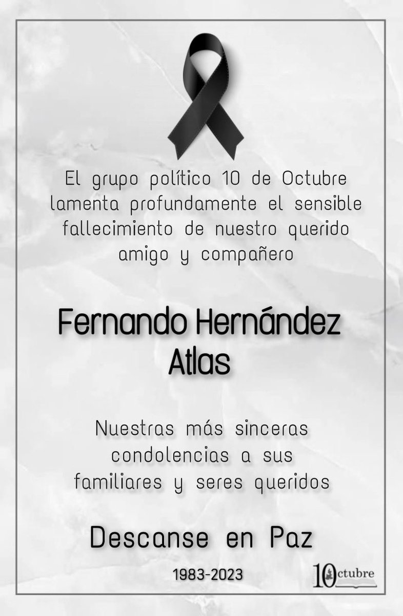 ArmandoGA26's tweet photo. El Grupo 10 de Octubre se une a la pena que embarga a la familia Hernández Atlas, por la irreparable pérdida de nuestro compañero y amigo

Descanse en paz 🕊 https://t.co/dDBxXA5Fmu