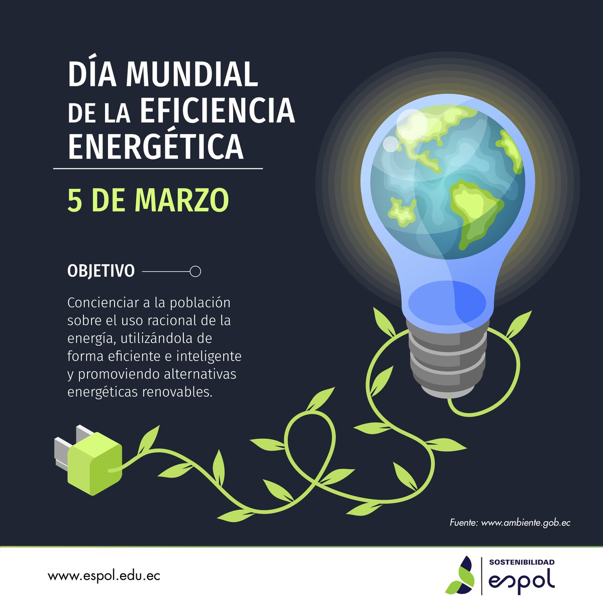 ¡Hoy 5 de marzo se celebra el Día Mundial de la Eficiencia Energética!Fecha para reflexionar acerca del uso racional que le damos a la energía💡🙌🏻

#ESPOLSostenible #EficienciaEnergética  #DíaMundialDeLaEficienciaEnergética