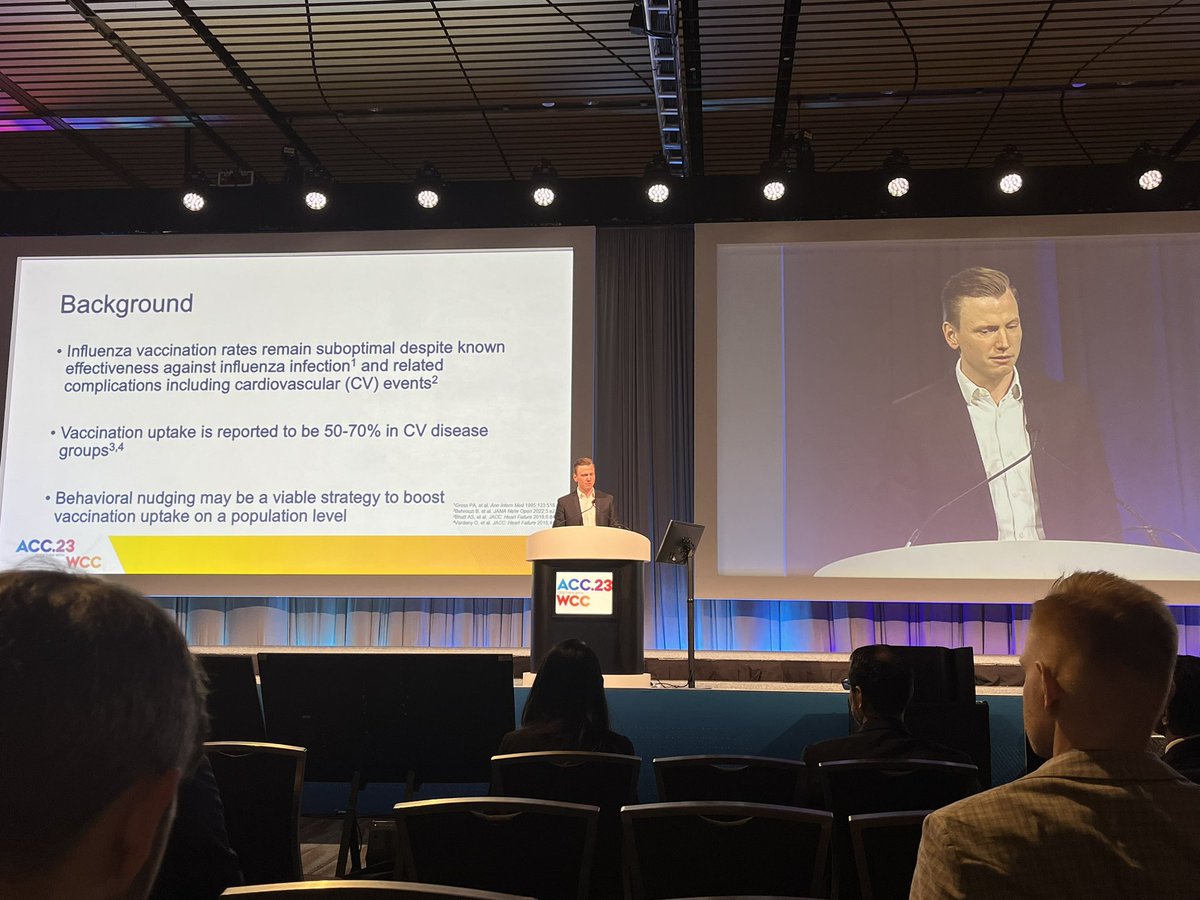 <a href="/niklasdj1/">Niklas Dyrby Johansen</a> presented the results of the NUDGE-FLU trial at the #ACC23 <a href="/ACCinTouch/">American College of Cardiology</a> , almost a million participants were randomized to receive one of 9 nudge interventions to improve flu vaccine 💉 uptake. Repeat messaging and CV gain🫀focused nudge improved vaccination rates! 🏥
