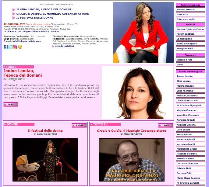 Online il numero 724 di #Telegiornaliste #donnechefannonotizia. In copertina: #JaninaLandau #ChiaraFrancini #MaurizioCostanzo telegiornaliste.com