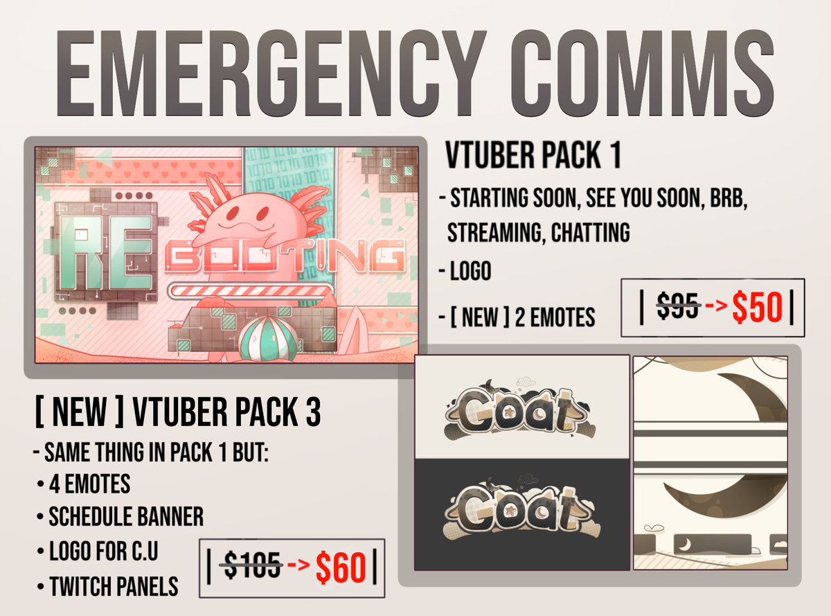 Fall_Soup's tweet photo. OVERLAY COMMISSIONS
Open packs:
Pack 1: $50
Pack 3: $60
Pack 4: $25

Time taken: 2-3 weeks
Pay via Paypal or Ko-Fi

These packs will only be available for 2 days, after that my prices will increase. Thank you for your attention! 🫶

RTS are appreciated!
#VtubersEN #VtuberOverlays https://t.co/EDT4Y0ftBf