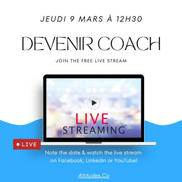 AltitudesCo's tweet image. Vous envisagez de changer de carrière, et devenir coach en 2023 ? Ne manquez pas notre streaming live avec Pascal Ischer, formateur et coach depuis 25 ans, le jeudi 9 mars à 12h30  pour découvrir comment devenir coach &amp;amp; mettre en place votre activité! Notez la date!