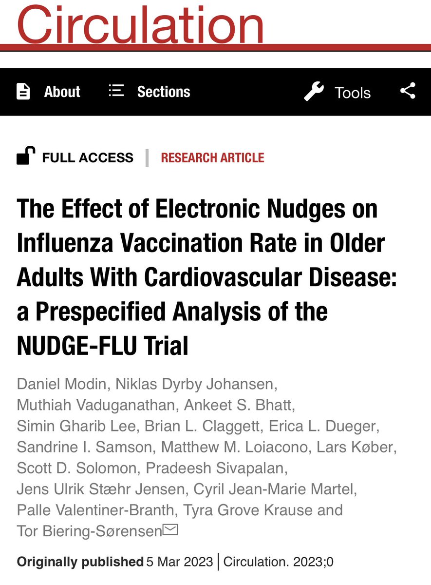 Muthu Vaduganathan (@mvaduganathan) on Twitter photo #NUDGEFLU Cardiovascular Cohort (over 200K participants) now simultaneously published in <a href="/CircAHA/">Circulation</a> w #ACC23 #LBCT
Incorporating framing of potential CV benefits of vaccination significantly boosts vaccine uptake in high-risk pts with & without CV disease.
ahajournals.org/doi/10.1161/CI… #NUDGEFLU Cardiovascular Cohort (over 200K participants) now simultaneously published in <a href="/CircAHA/">Circulation</a> w #ACC23 #LBCT
Incorporating framing of potential CV benefits of vaccination significantly boosts vaccine uptake in high-risk pts with & without CV disease.
ahajournals.org/doi/10.1161/CI…