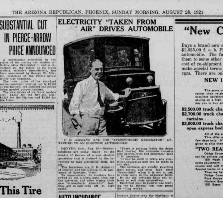 ⚠️'La electricidad tomada del aire impulsa el automóvil'

Este es un automóvil eléctrico #PierceArrow de #NikolaTesla de 1921 que funciona con #electricidadetérica pura. Este es un auto que se recarga automáticamente, no funciona con baterías, aceite o gas.