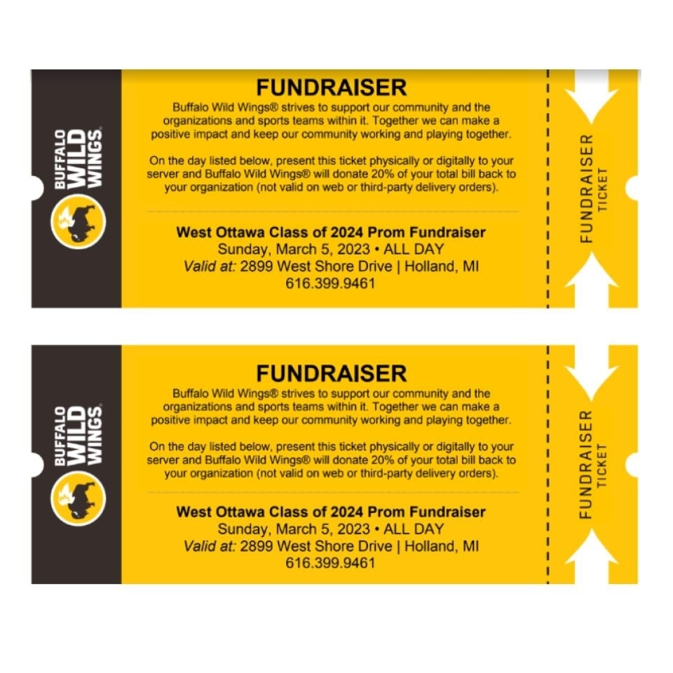 Today is the day!!  Head to Buffalo Wild Wings in Holland and  present this ticket digitally or printed and the junior class receives 20% of the sales to make Prom 2023 amazing!  Share with ANYONE who enjoys wings (and maybe some basketball)! #gowo #wohsprom2023 #classof2024