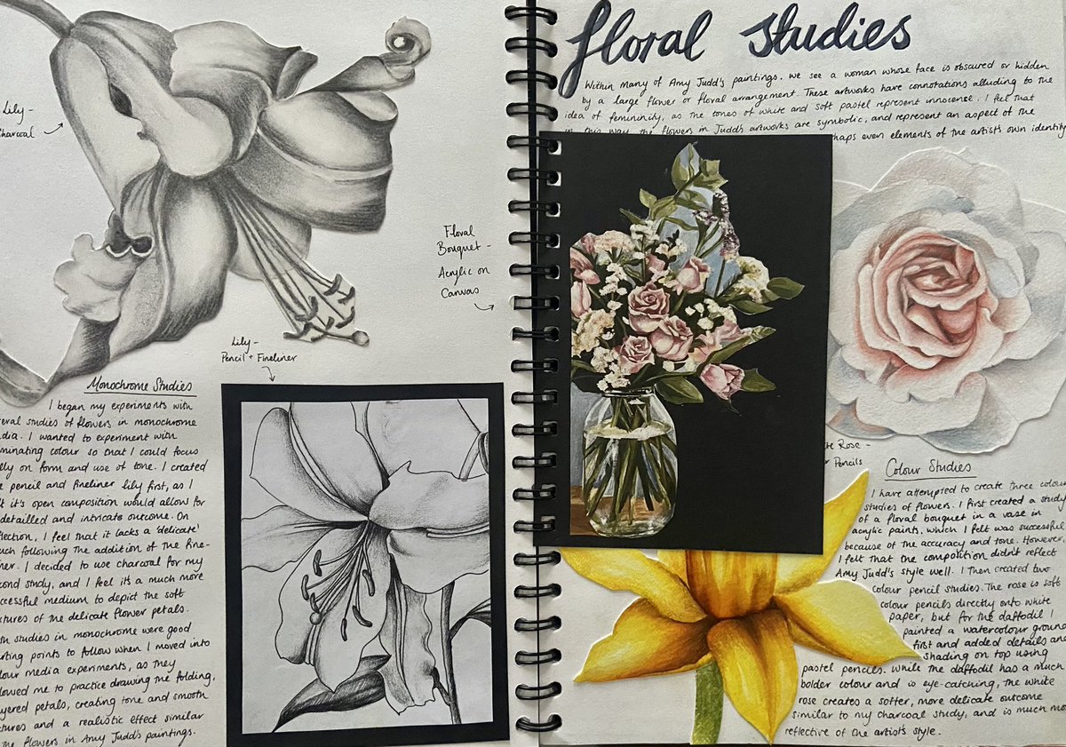 My team and I have been setting aside time to create exemplar work for our #ArtGCSE students - currently working on Amy Judd artist research and media experiments 🦋🌸 #artteacher #edutwitter #artistresearch #GCSEsketchbook #sketchbook #portraitart #arted #artanddesign