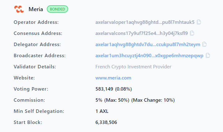PowerHasheur's tweet photo. Petit plaisir du week end, avec @Meria_Finance nous sommes désormais validateur sur @axelarcore.

Meria annoncera un listing sur la plateforme web très bientôt.

Si vous avez des tokens $AXL, vous pouvez les déléguer ici😋

https://t.co/wkHdg2A5qM

cc @Axelar_fr https://t.co/1fjjDc7DmT
