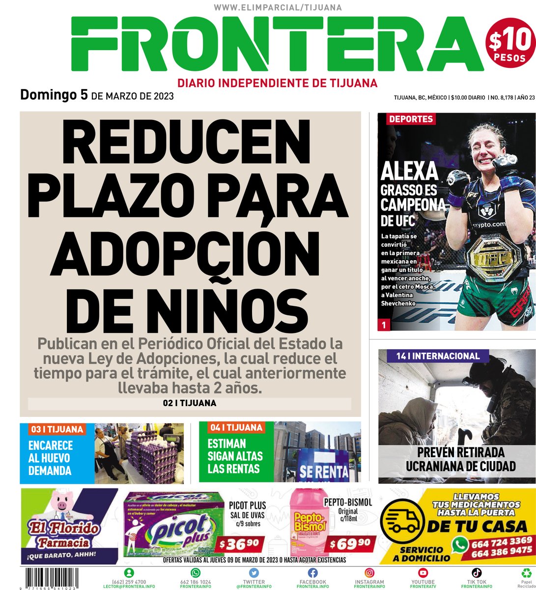 fronterainfo's tweet photo. #FelizDomingo #DePortada Reducen plazo para adopción de niños ➡️https://t.co/886HZNYObJ Además #AlexaUFC #PrecioHuevo #RentasTijuana #RetiradaUcrania https://t.co/3M99RxhJQd