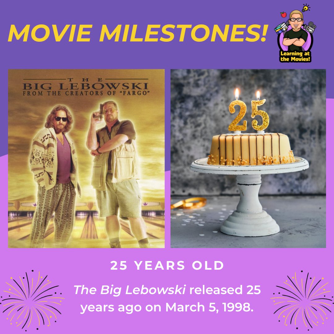 Today’s #moviemilestone is for The Big Lebowski, the Dude abides this 25th anniversary #learningatthemovies #thebiglebowski #thedude #thedudeabides #jeffbridges #johngoodman #juliannemoore #stevebuscemi #johnturturro