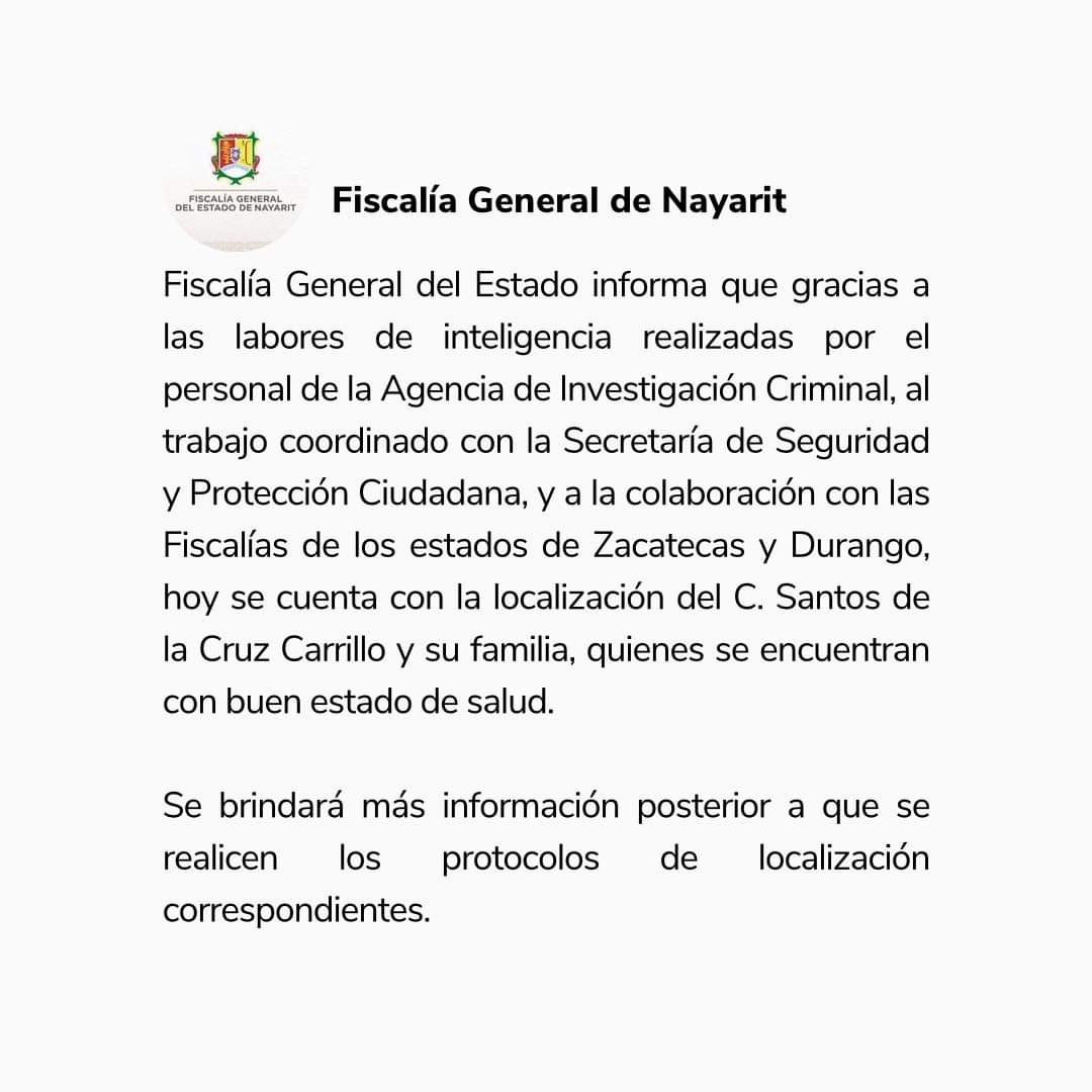 🆕 Actualización| Autoridades de <a href="/NayaritFiscalia/">Fiscalía de Nayarit</a> anuncian la localización con vida de Santos de la Cruz y su familia. 

En breve brindaremos mayor información.

Muchas gracias por ayudarnos a exigir a las autoridades la aparición con vida del defensor de la tierra 🙏