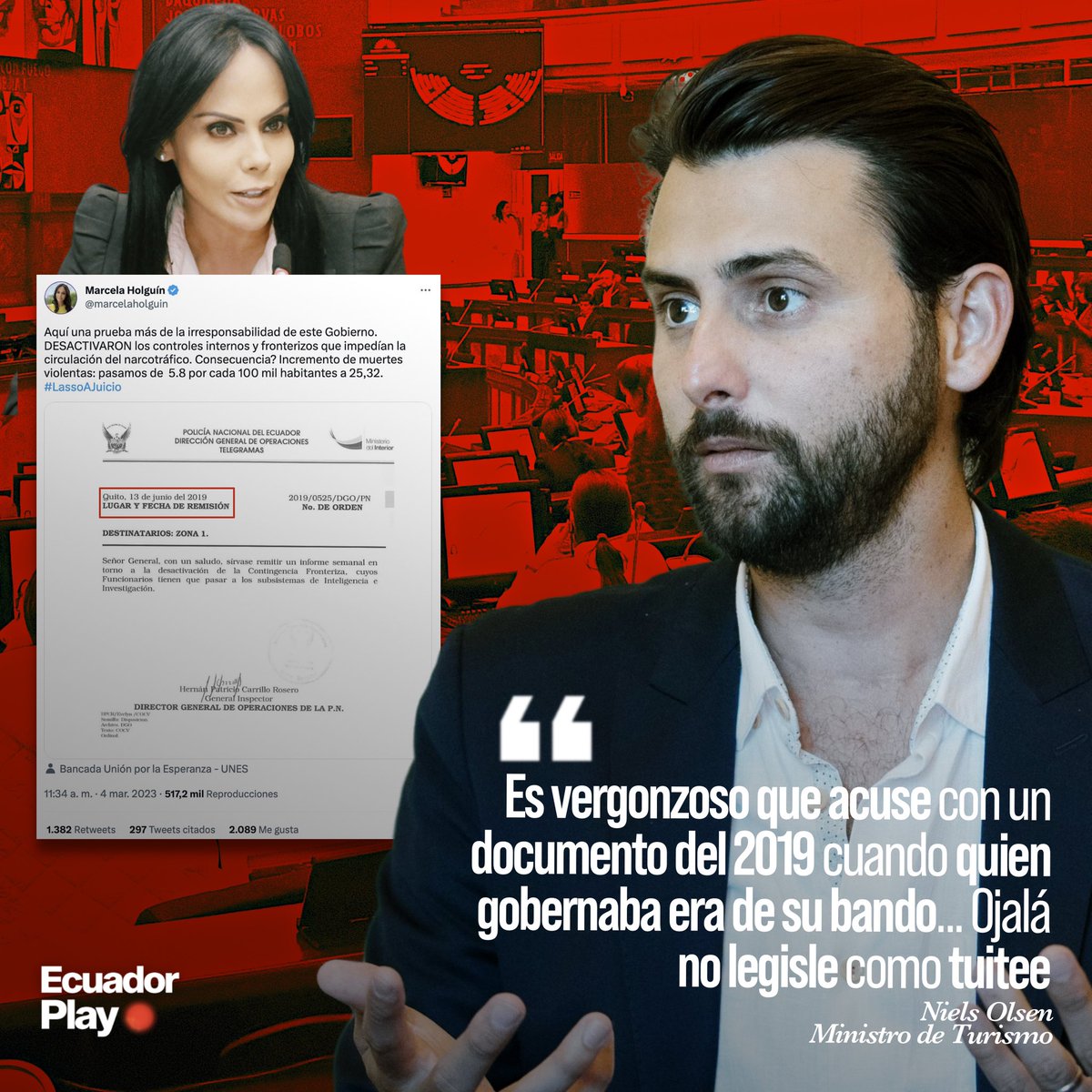 EcuadorPlay's tweet photo. Guerra de tuits. El Ministro de Turismo, Niels Olsen, respondió a un tuit de Marcela Holguín, quien subió un informe del 2019 como "prueba" para el juicio de Lasso, en esa fecha aún no era Presidente. https://t.co/Igvc1wQrLo