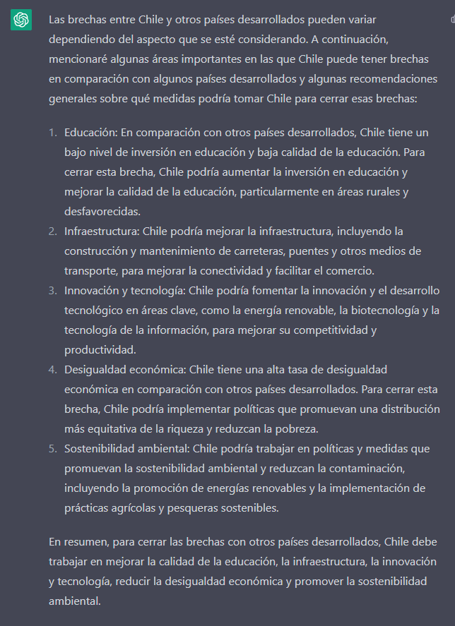 jiturbe's tweet photo. De acuerdo a ChatGPT, algunas de las brechas importantes de Chile para ser un pais desarrollado son: Educación, Infraestructura, Innovación y tecnología, desigualdad económica y sostenibilidad ambiental. https://t.co/ifvNplJxwr