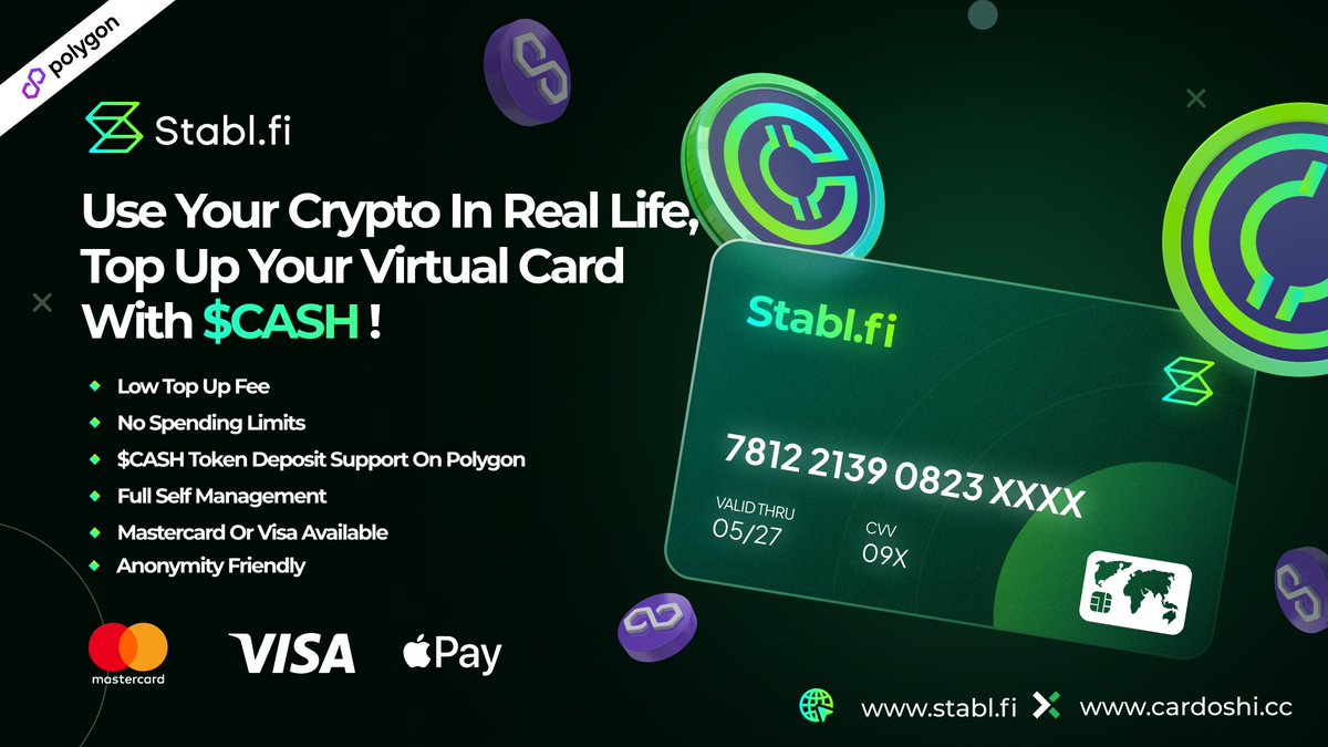 We are super excited to bring added $CASH utility to   <a href="/0xPolygon/">Polygon | POL</a>DeFi and @0xPolygon as a whole! We will be launching this week with <a href="/Stabl_Fi/">Stabl.fi | Home of $CASH</a> $CASH deposits on Cardoshi and cannot wait to give you all a way to use your $CASH in your everyday life. $SATIN $CASH