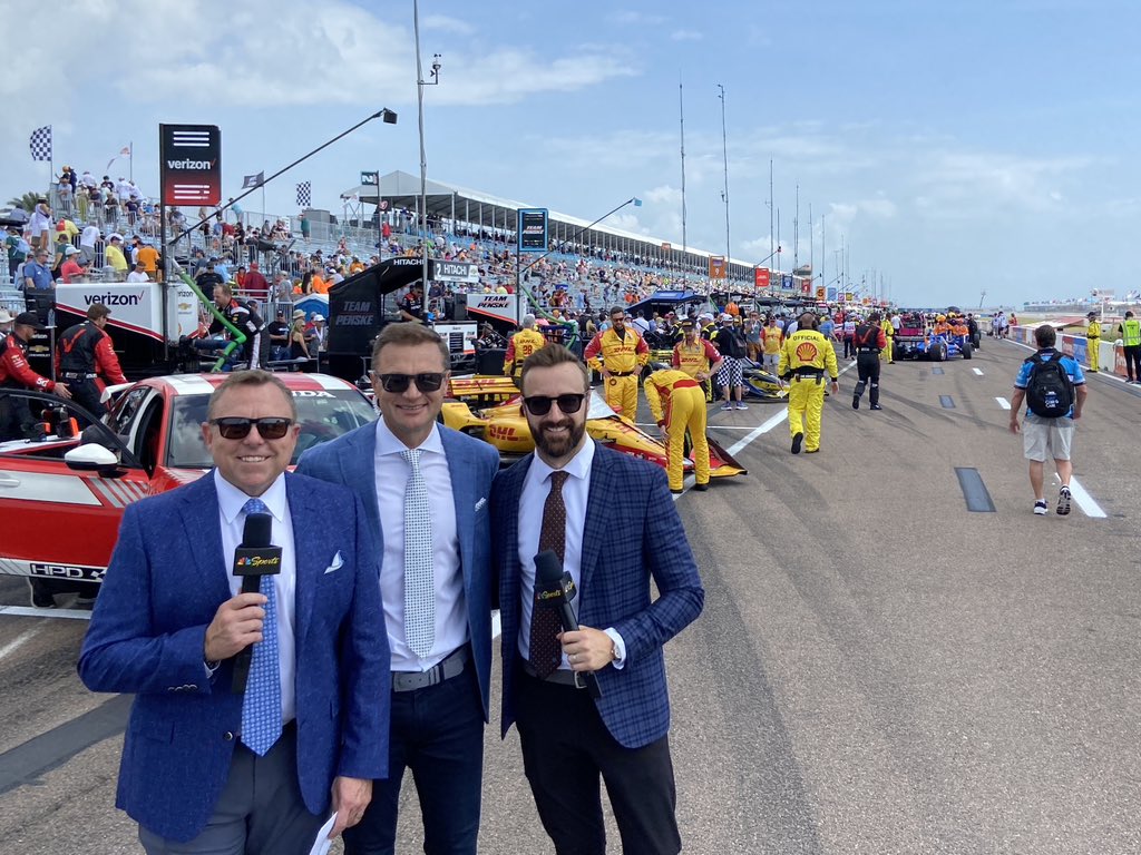 NBCSportsPR's tweet photo. It’s race day! @leighdiffey @townsendbell @Hinchtown are ready to call @IndyCar season opener at @GPSTPETE. Coverage begins at NOON ET on NBC and @peacock https://t.co/0i3d4Ocdtx