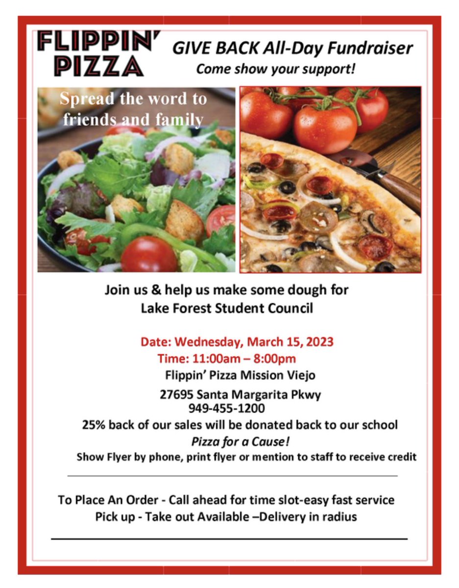LFEDolphins's tweet photo. Dine Out Join us &amp; help us make some dough for LFE Student Leadership
Wednesday, March 15, 2023 11:00am – 8:00pm 
Flippin’ Pizza Mission Viejo 
27695 Santa Margarita Pkwy 
949-455-1200 
25% back of our sales will be donated back to our school! 
Show Flyer #fundraiser https://t.co/FWWT3DN0bW