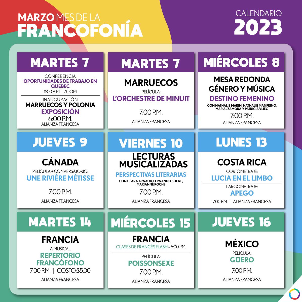 AlianzaFrPanama's tweet photo. Muy pronto iniciamos la FRANCOFONÍA 2023.
Del 7 al 24 de marzo,  con la participación de 9 embajadas.
Serán más de 20 eventos: conciertos, exposiciones, cine, eventos pedagógicos, y un mercadito cultural para el cierre. 
¡ Únete a esta gran fiesta lingüística y cultural ! https://t.co/pbB7zJPHoy