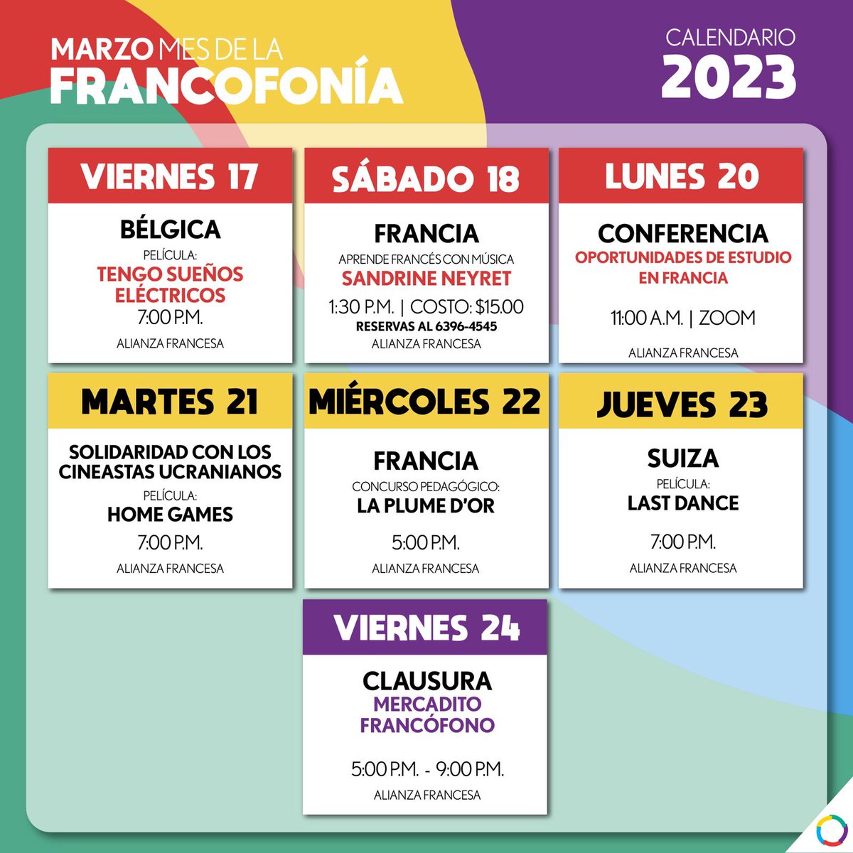 AlianzaFrPanama's tweet photo. Muy pronto iniciamos la FRANCOFONÍA 2023.
Del 7 al 24 de marzo,  con la participación de 9 embajadas.
Serán más de 20 eventos: conciertos, exposiciones, cine, eventos pedagógicos, y un mercadito cultural para el cierre. 
¡ Únete a esta gran fiesta lingüística y cultural ! https://t.co/pbB7zJPHoy