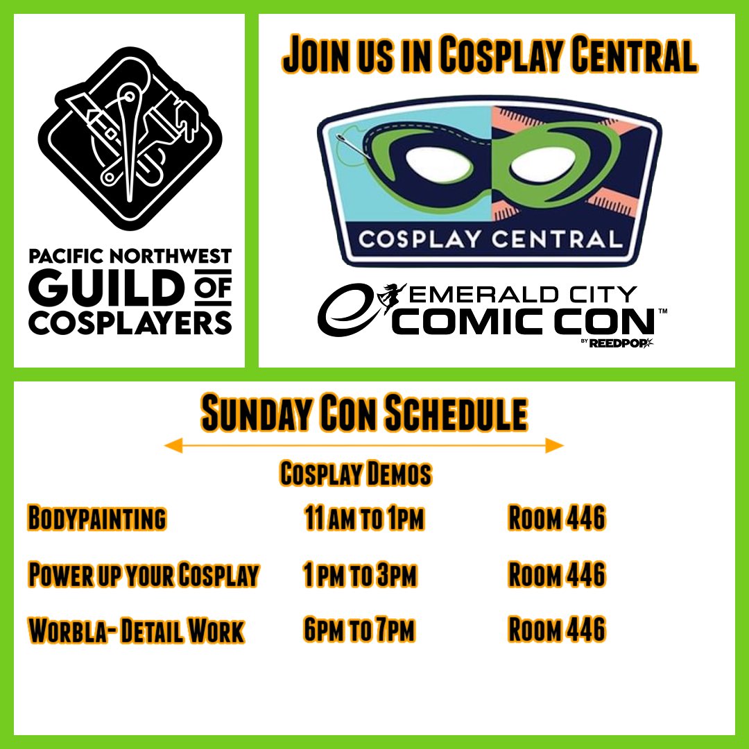 PNWCosplayGuild's tweet photo. The fourth and final day of @emeraldcitycon is upon us! we have three amazing #cosplaydemonstrations for you in room 446 &amp; remmeber #cosplayrepair &amp; #cospitalitylounge are available all day till 5pm! 
#emeraldcitycomiccon2023 #eccc2023 https://t.co/1H3D0uPbgr