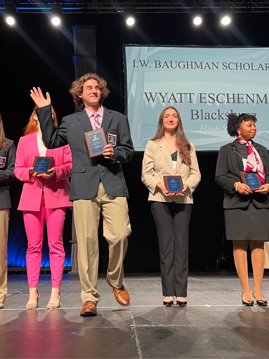 Congrats Blacksburg DECA! Great State Leadership Conference! They are leaving VA Beach with 17 Semi-Finalists and 11 NATIONAL QUALIFIERS! In addition, Wyatt Eschenmann won the IW Baughman Scholarship and Theo Villanueva was elected to his 2nd term as VA Officer. Well Done Bruins!