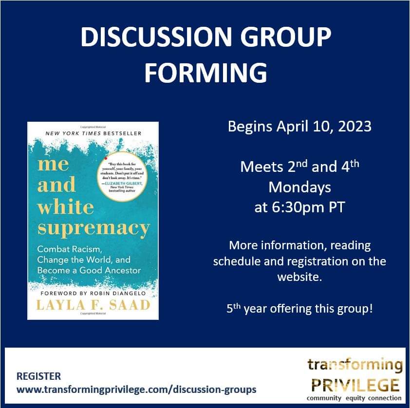 TransformingPr4's tweet photo. This is a great place to start your antiracism journey. 

More information and registration on website
https://t.co/zlBSgGZw1s

#TransformingPrivilege
#MeandWhiteSupremacy
#antiracism
#whiteprivilege https://t.co/yevBAAFYf9