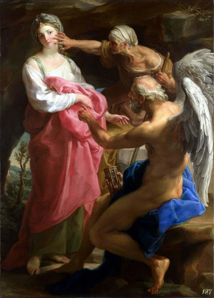 celilsadk's tweet image. Pompeo Girolamo Batoni’nin 1746 yılında yaptığı bu resimde “Zaman Baba” olarak bilinen Kronos, yaşlılığa güzelliği yok etmesi için emir veriyor. Zamanı temsil eden Kronos’un elinde ise sembolü olan bir kum saati var.