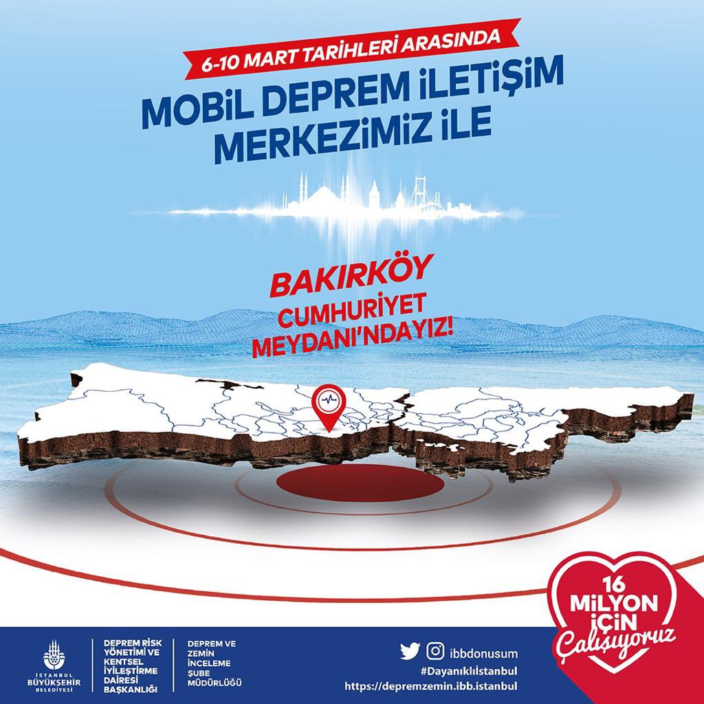 Mobil Deprem İletişim Merkezimiz 6 Mart Pazartesi ve 10 Mart Cuma tarihleri arasında Bakırköy Cumhuriyet Meydanı’nda olacak. 
#Dayanıklıİstanbul #Bakırköy #deprem #istanbuldepremi