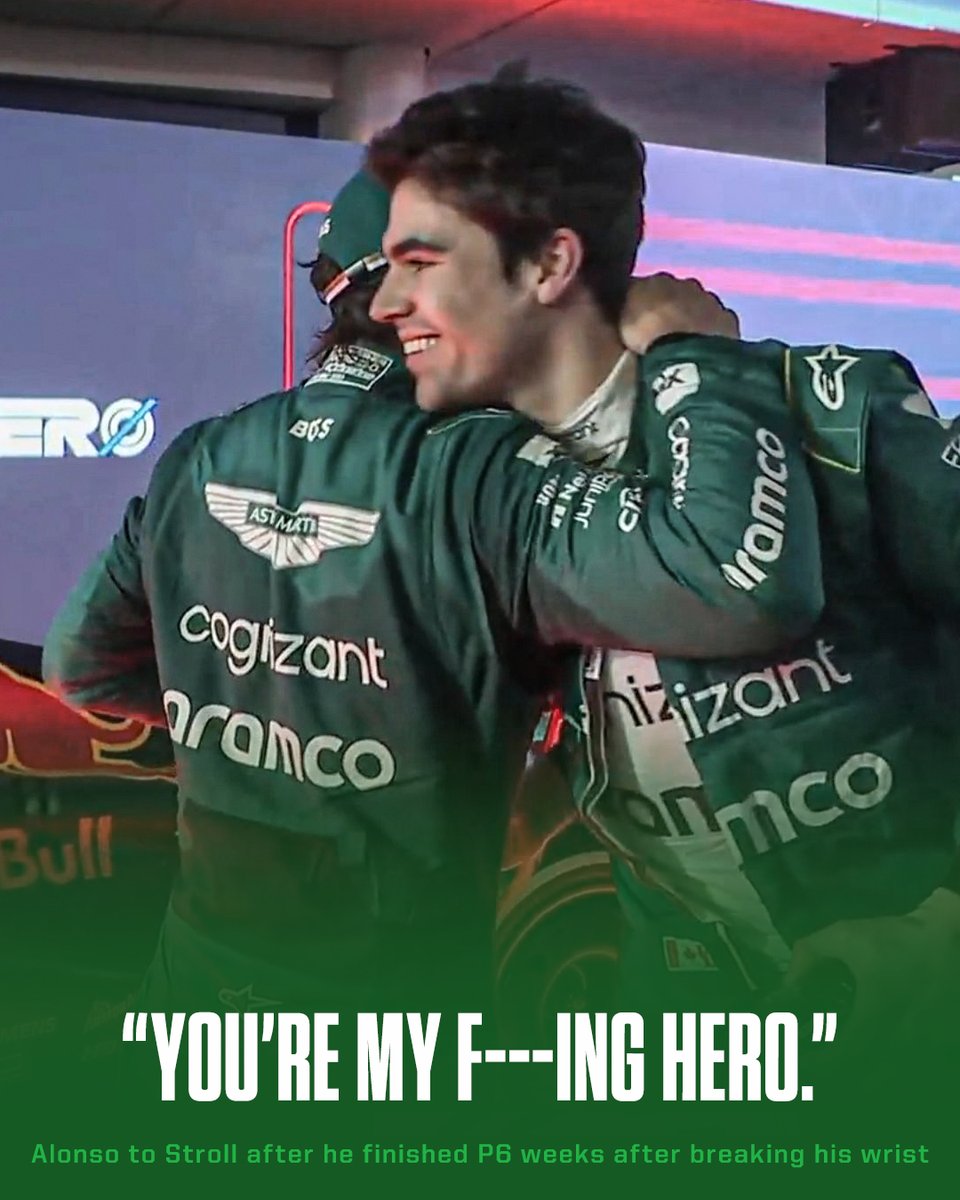 ESPNF1's tweet photo. Alonso to Stroll after he split the Mercedes cars just two weeks after breaking his wrist 💚 https://t.co/v7SFBz4t0l